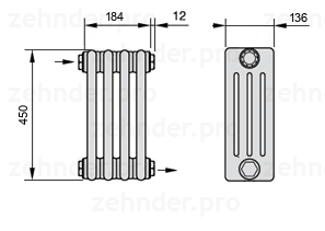 Схема (чертеж) Радиатор Zehnder Charleston 4045/4 №1670 Белый глянцевый RAL 9016